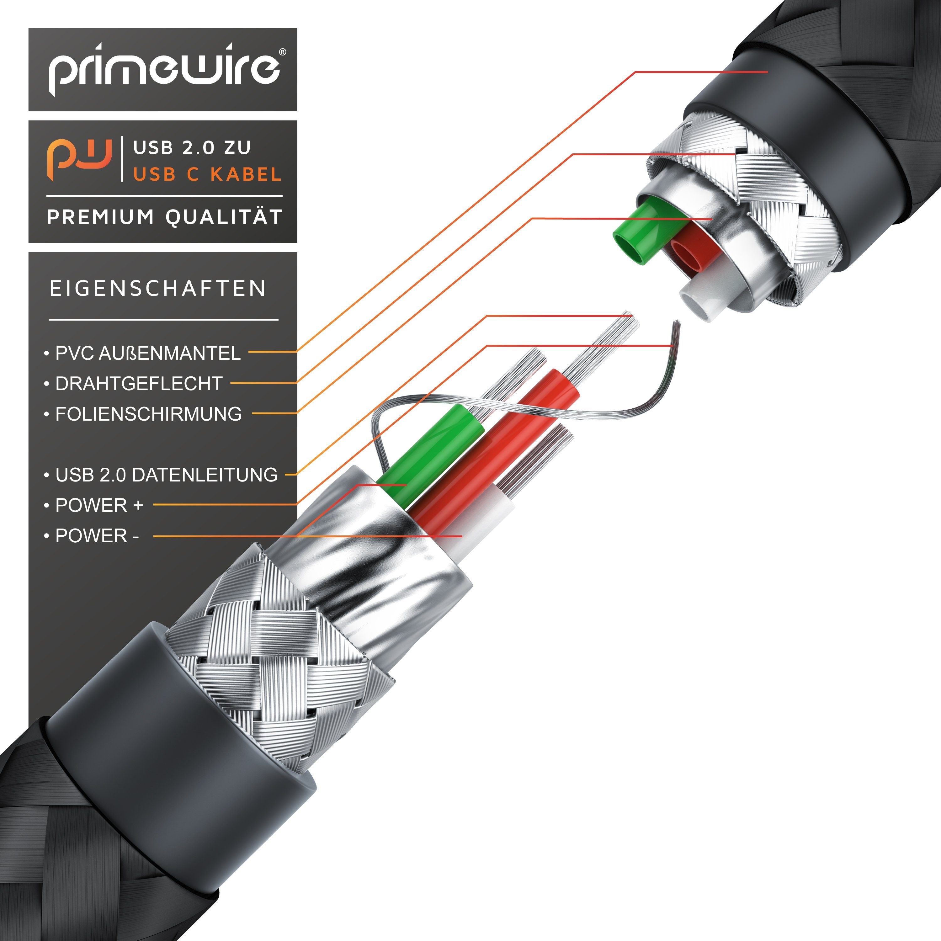 Primewire USB-Kabel, 3.1, USB-C, USB 3.0 Typ A (100 cm), Ladekabel, Datenkabel, Adapterkabel für Smartphone & Tablet - 1m