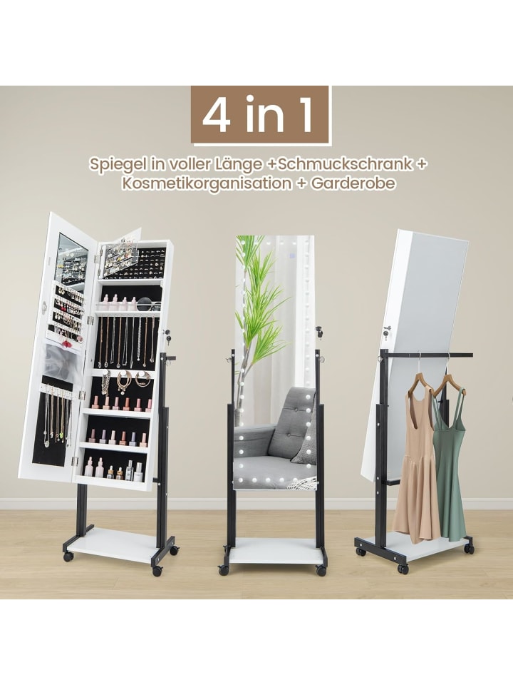 COSTWAY Schmuckschrank LED mit Rollen 4 in 1 in Weiß günstig kaufen onesize