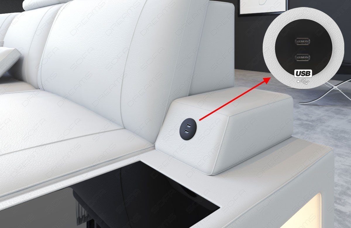 Sofa Dreams Wohnlandschaft Leder Couch Sofa Siena U Form Ledersofa, U-Form Ledersofa Wohnlandschaft mit LED-Beleuchtung und USB
