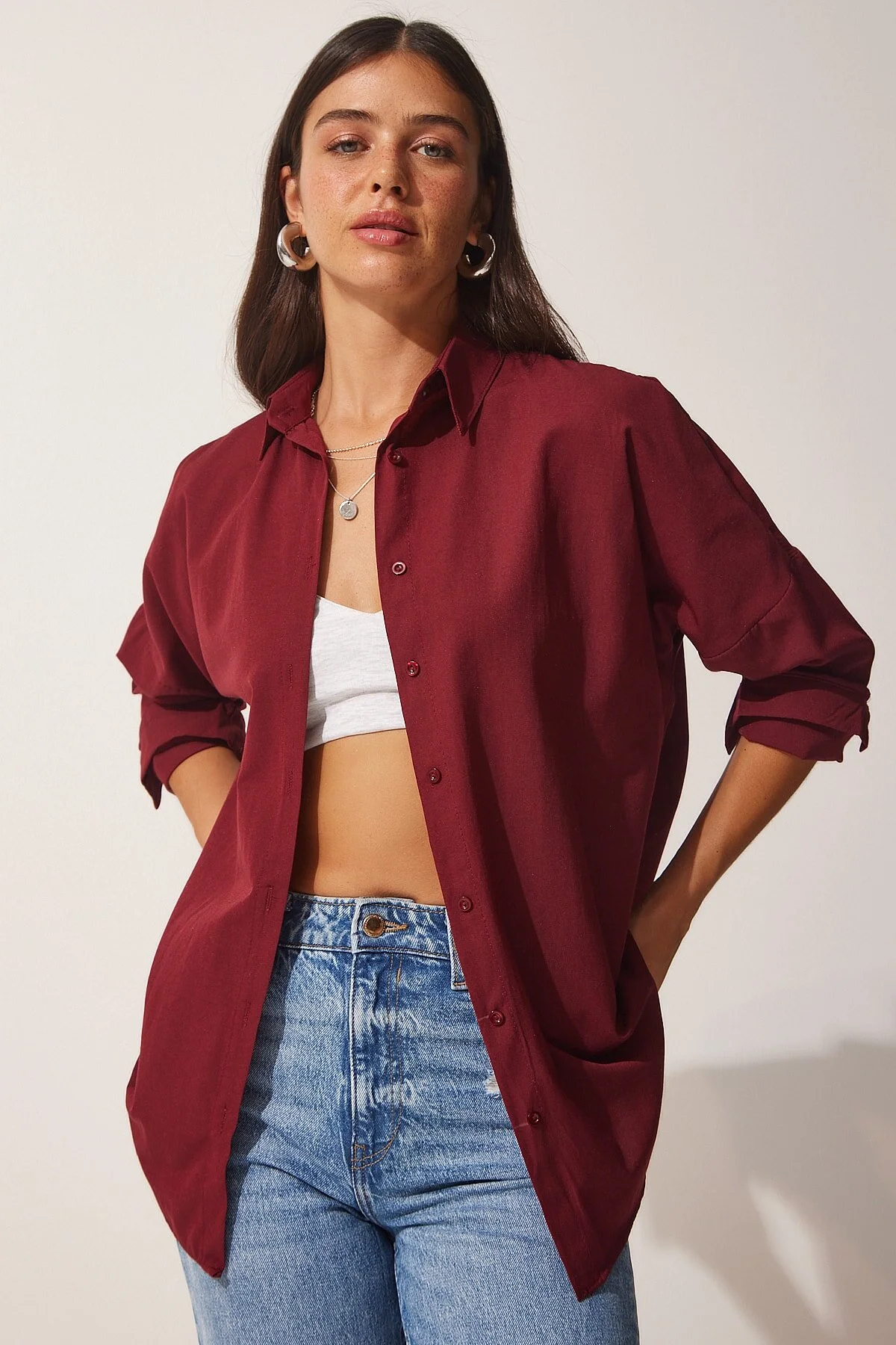 Happiness İstanbul  Burgunderrotes, langes Basic-Shirt für Damen in Übergröße DD00842