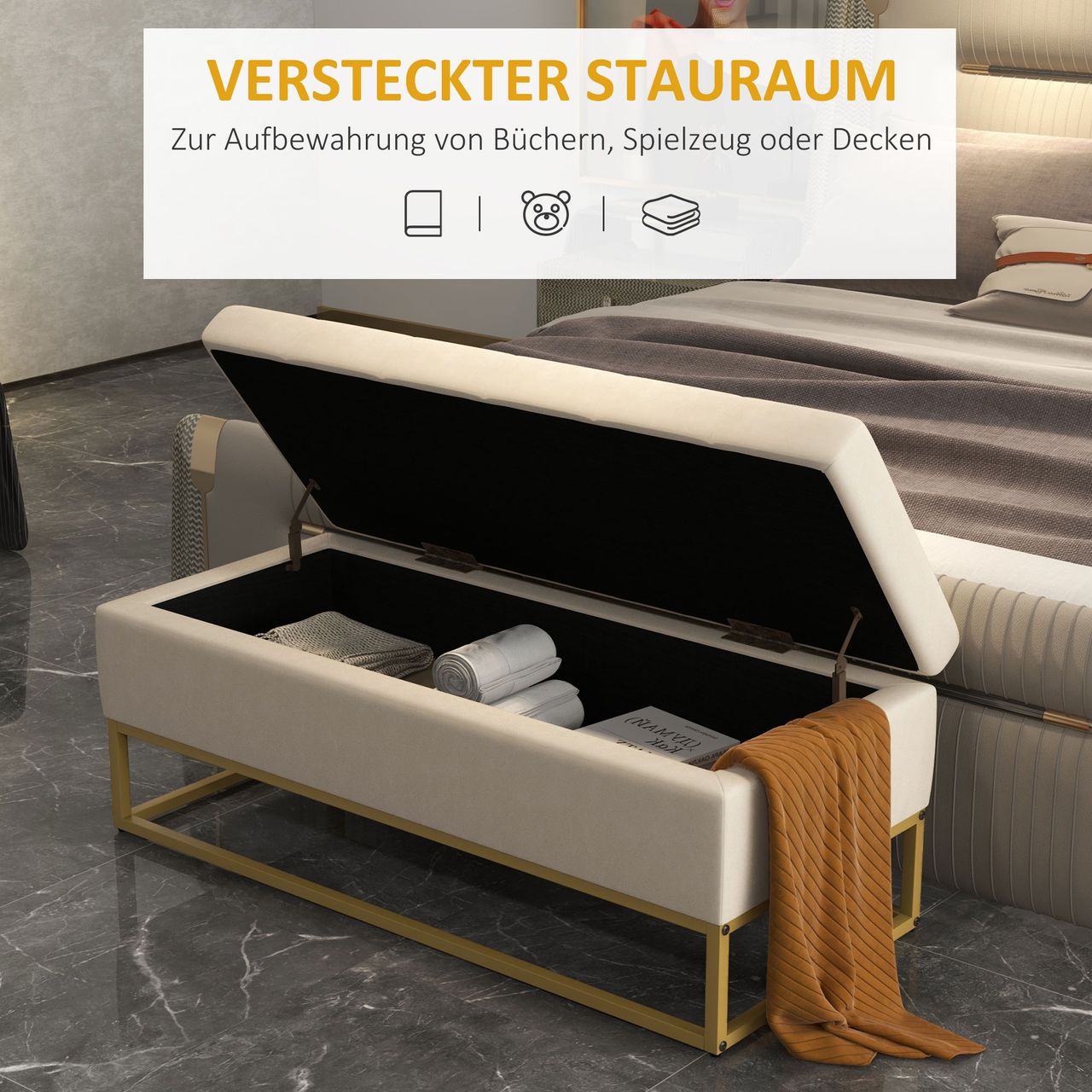 HOMCOM Sitzbank mit Stauraum, Polsterbank, Bettbank mit Samtoptik, Stahl, Beige
