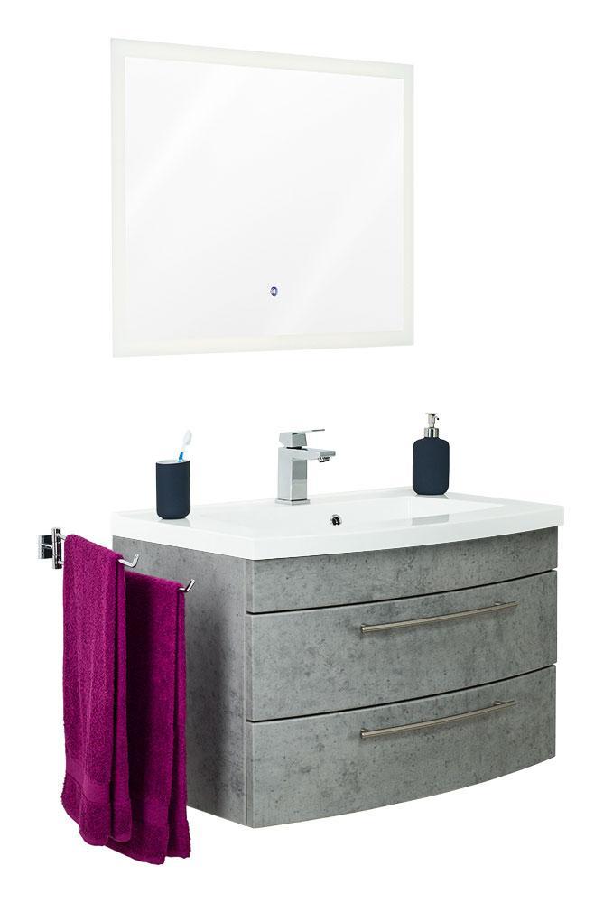 Posseik Badmöbelset Luna 80 mit runder Front Beton LED Spiegel 80 cm EEK: F
