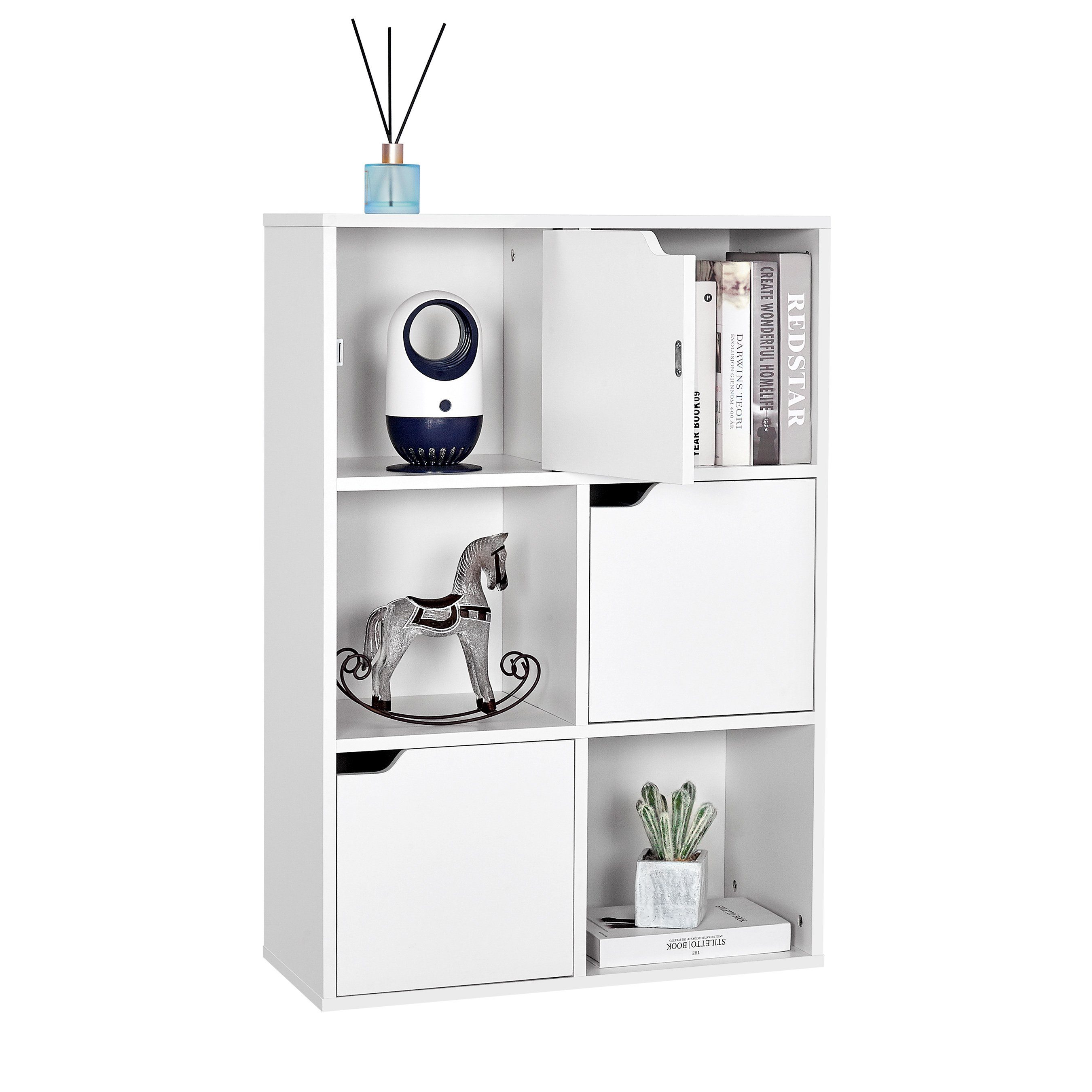Mondeer Bücherregal Aufbewahrungsregal, Bücherschrank, Regal aus Holz, Sechs Fächer mit 3 Türen