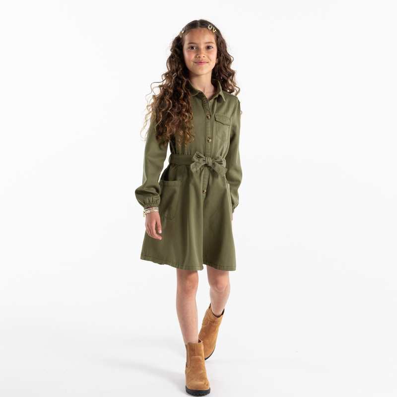 Robe-chemise en toile unie verte fille