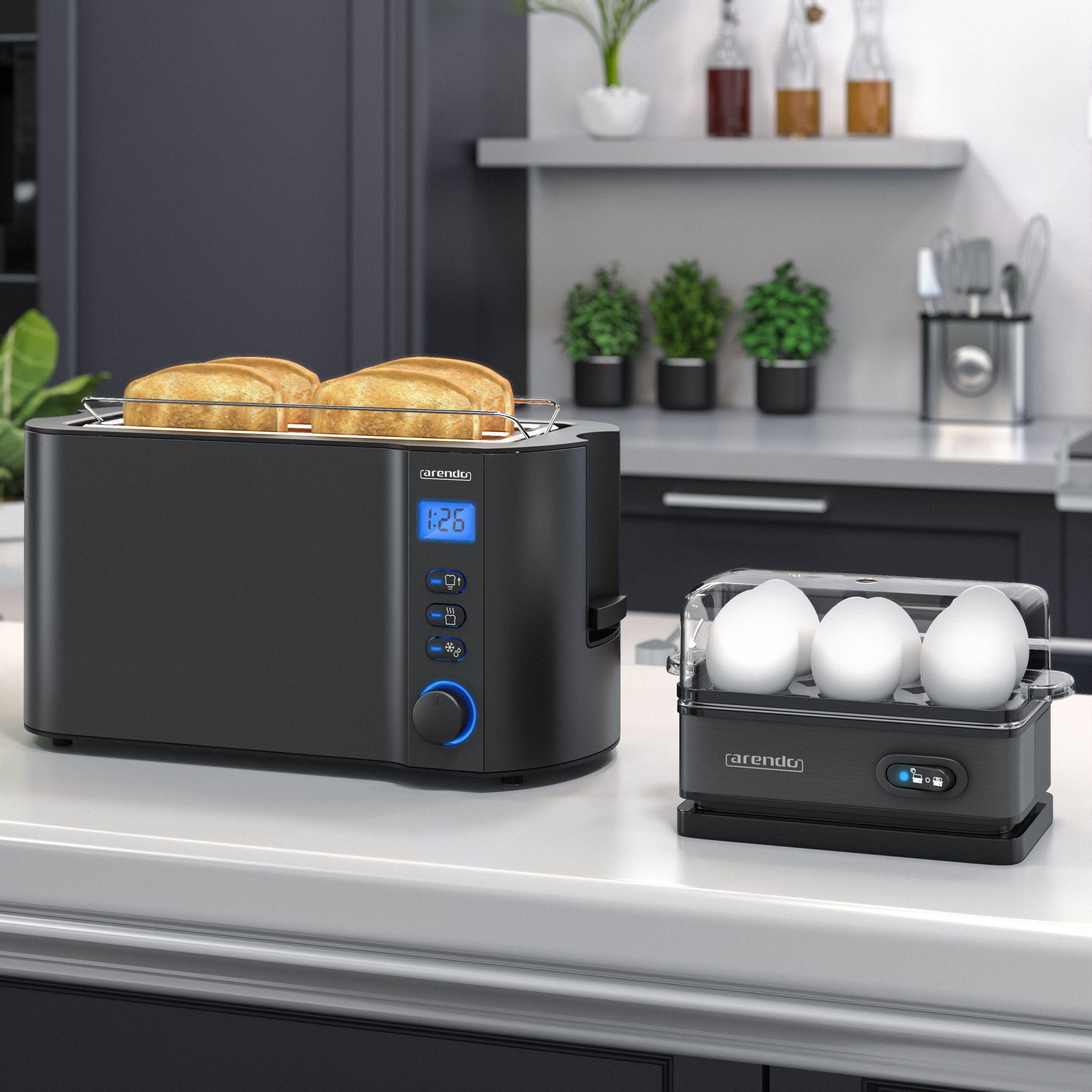 Arendo Frühstücks-Set (2-tlg), 4-Scheiben Langschlitz Toaster, 6er Eierkocher, Schwarz