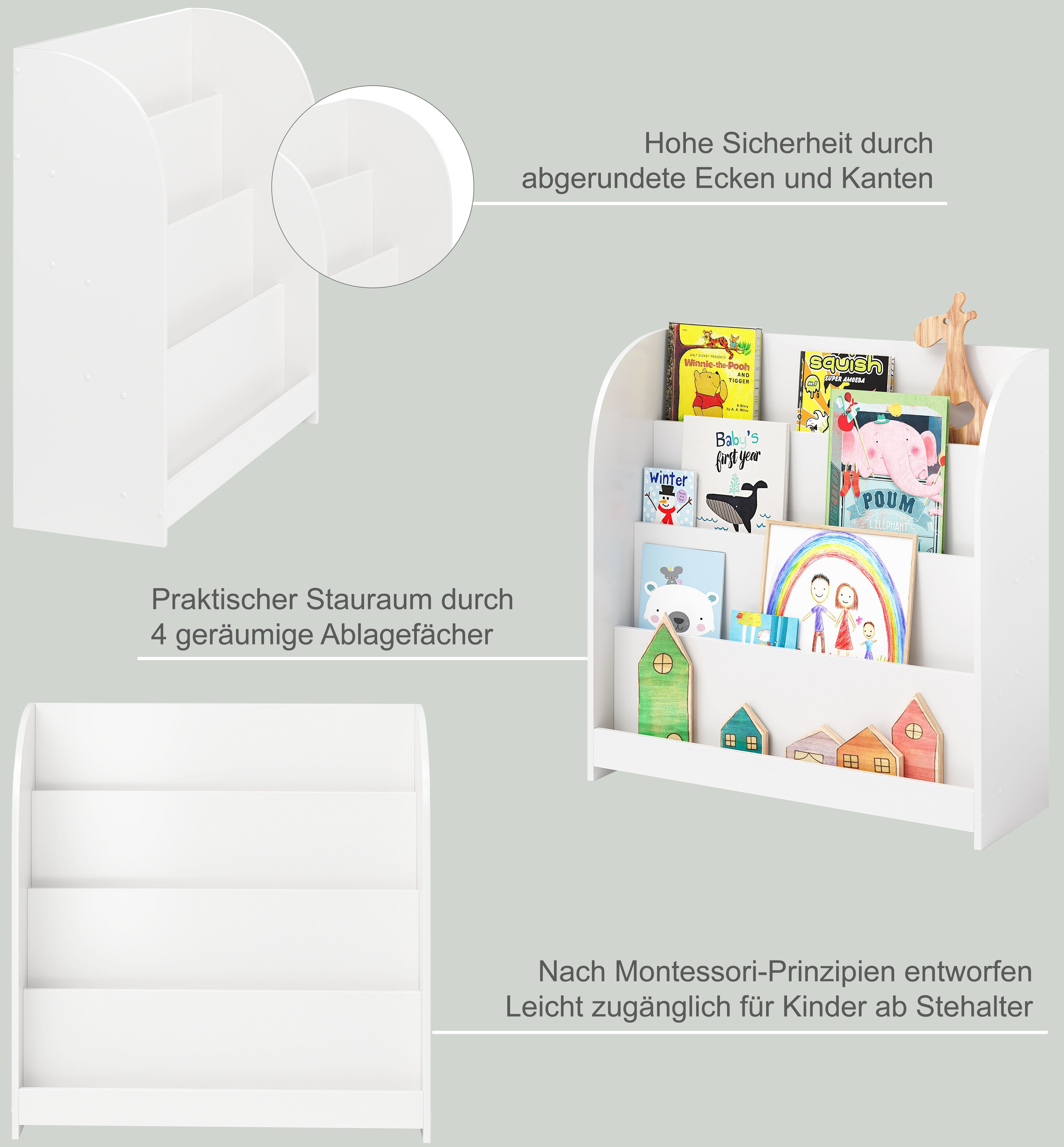 Bellabino Kinderregal Baru, weiß, Bücherregal mit 4 Ablagefächern für Bücher