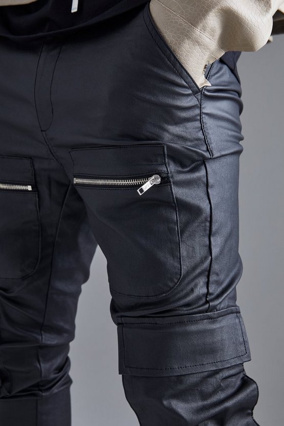 Beschichtete Skinny Twill Cargo-Hose mit Reißverschluss