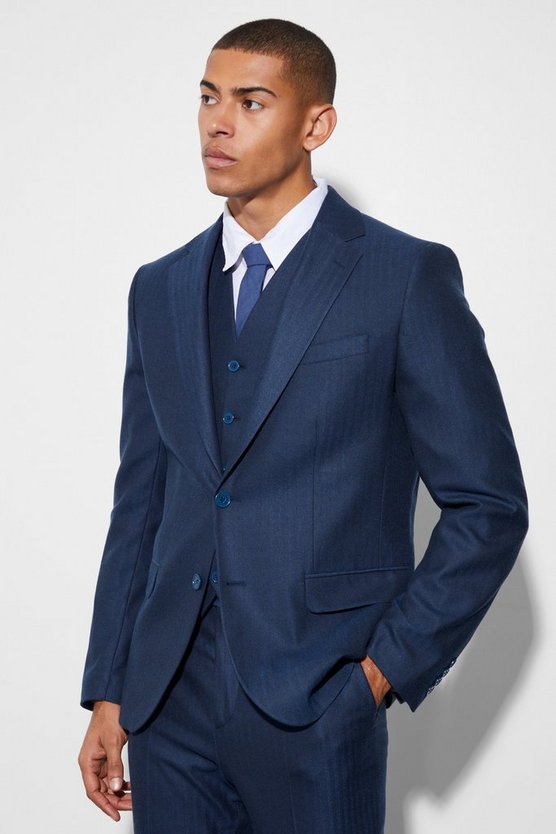 Einreihige Slim-Fit Anzugjacke mit Fischgräten-Print