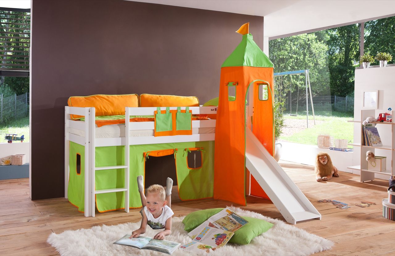 Relita Halbhohes Spielbett ALEX mit Rutsche/Turm Buche massiv weiß lackiert mit Stoffset grün/orange