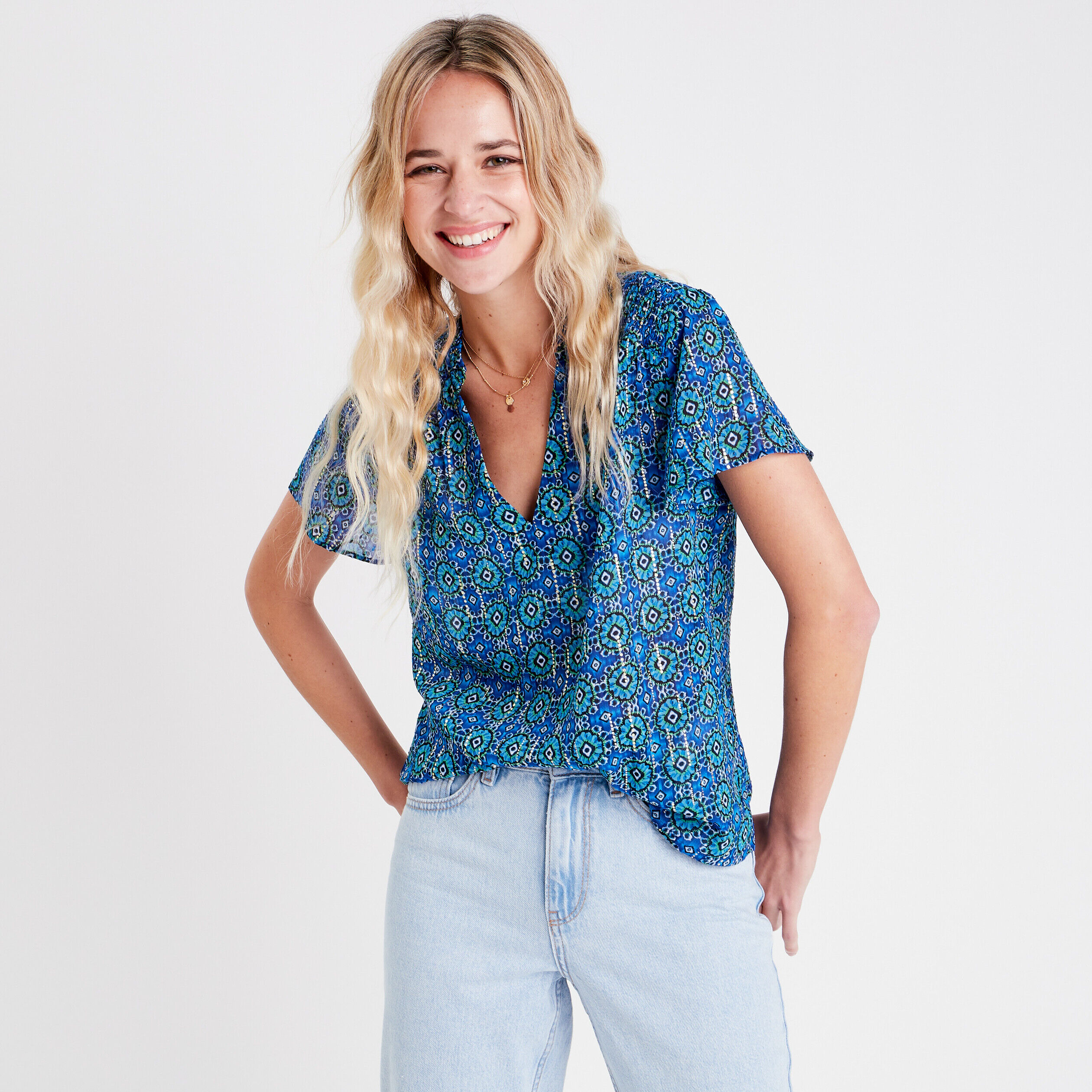 Blouse avec manches courtes bleu femme | Cache Cache