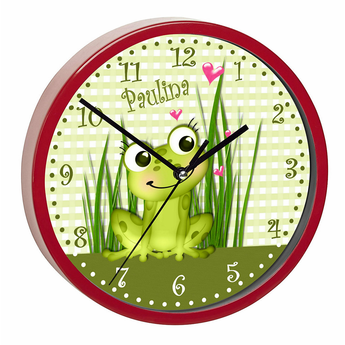Kinder Wanduhr laufruhig personalisiert mit Name Frosch-Graß-Karo