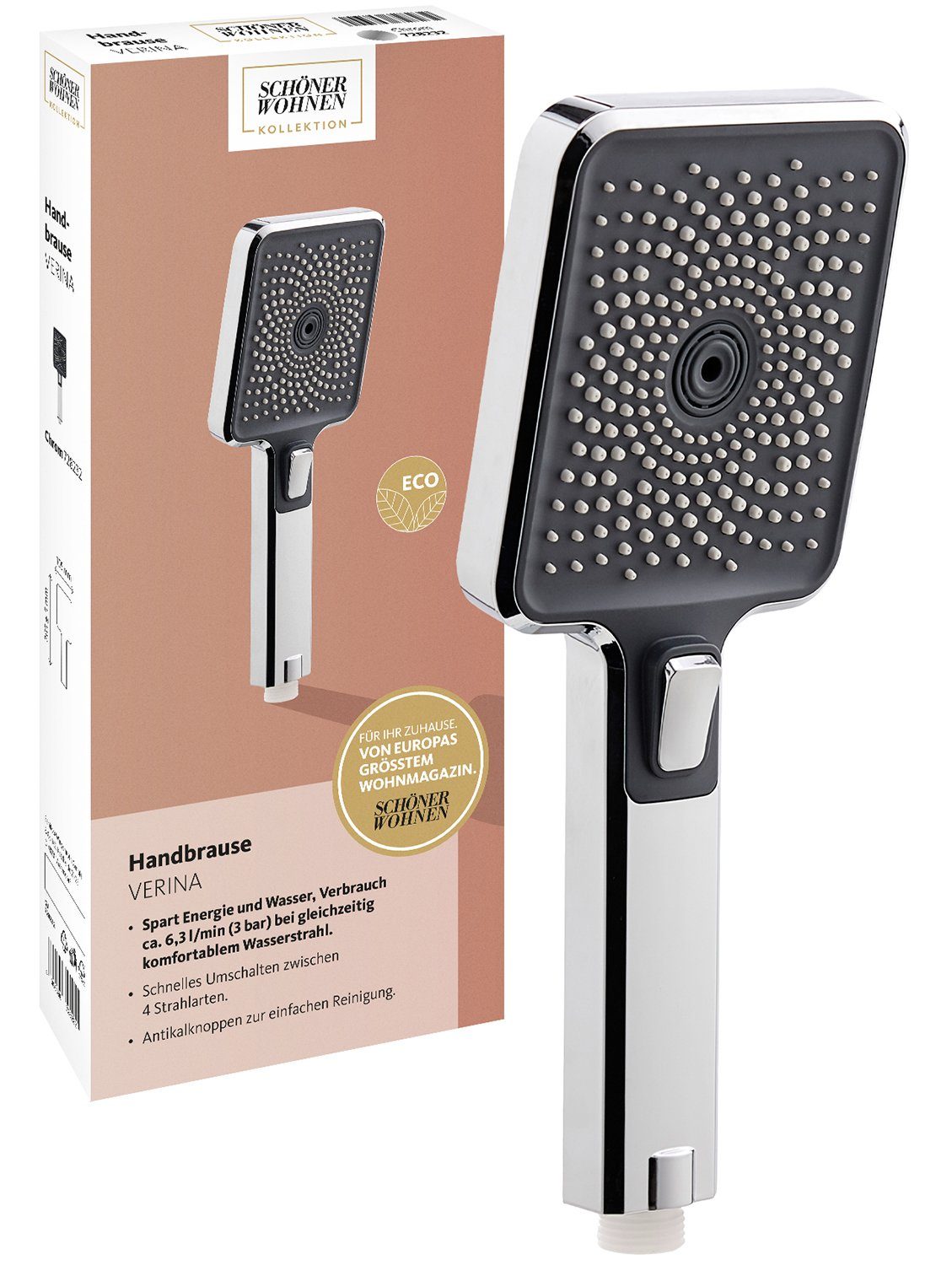 SCHÖNER WOHNEN-Kollektion Handbrause Verina, eckig, 10,5 cm, 3-strahlig, wassersparend, Anti-Kalk, Chrom