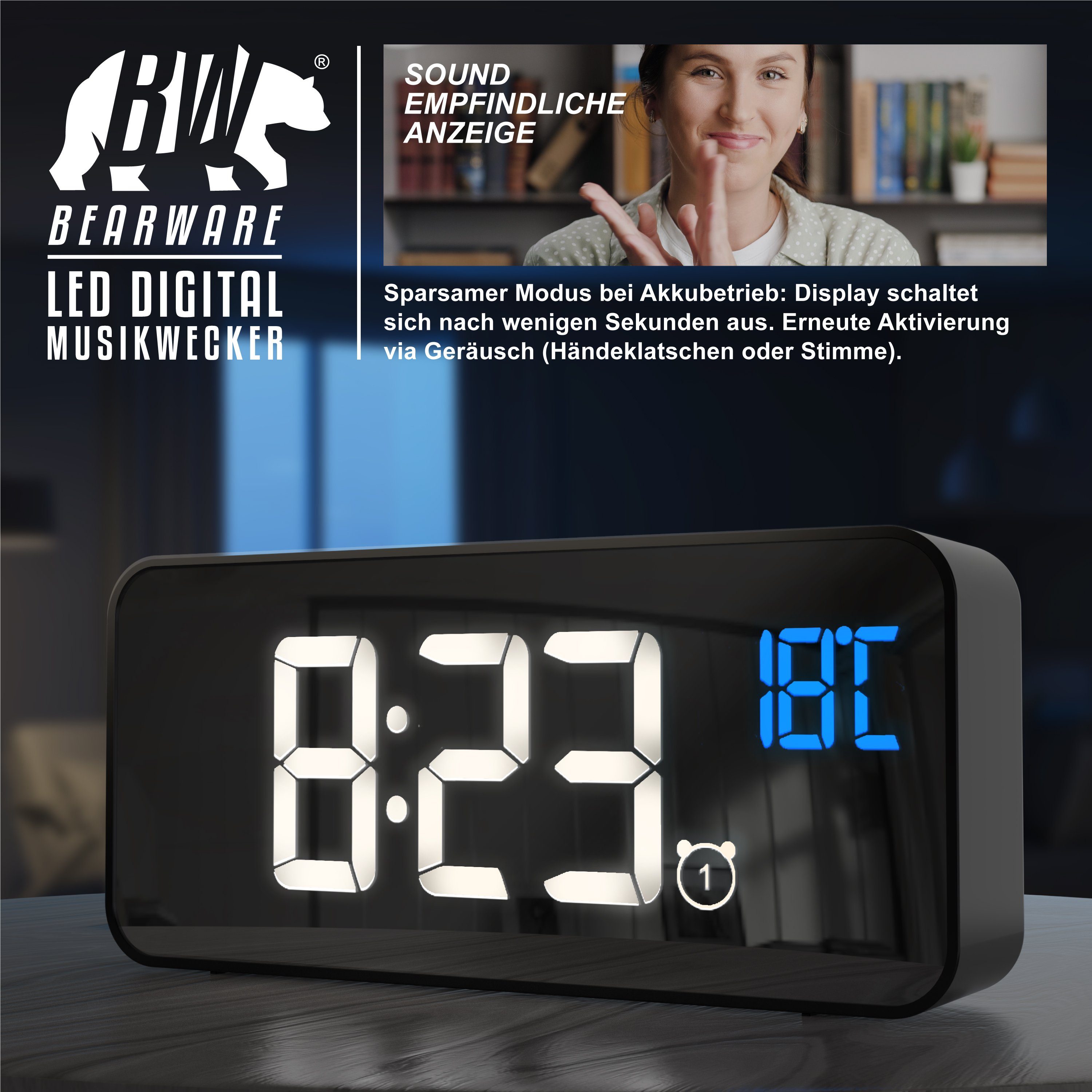 BEARWARE Wecker Musikwecker digital Temperaturanzeige, Reisewecker mit Netzteil & Akku