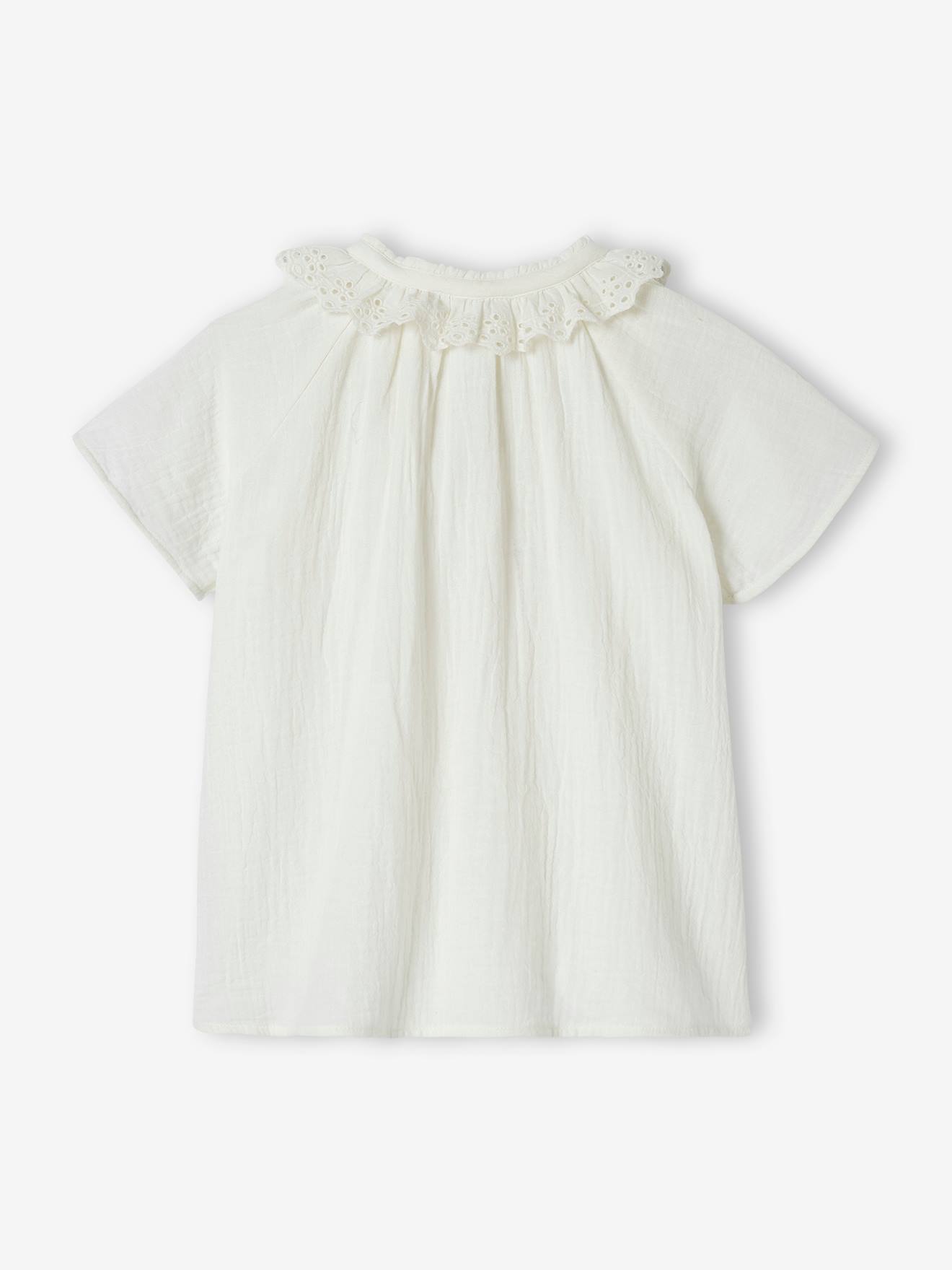 Blouse en gaze de coton fille col en broderie anglaise écru
