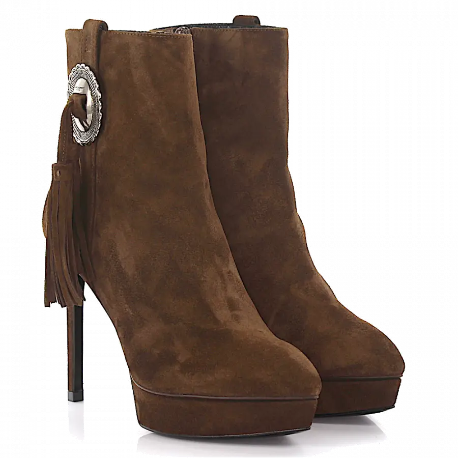 Saint Laurent - Stiefeletten Veloursleder Bommel Metallverzierung braun - braun