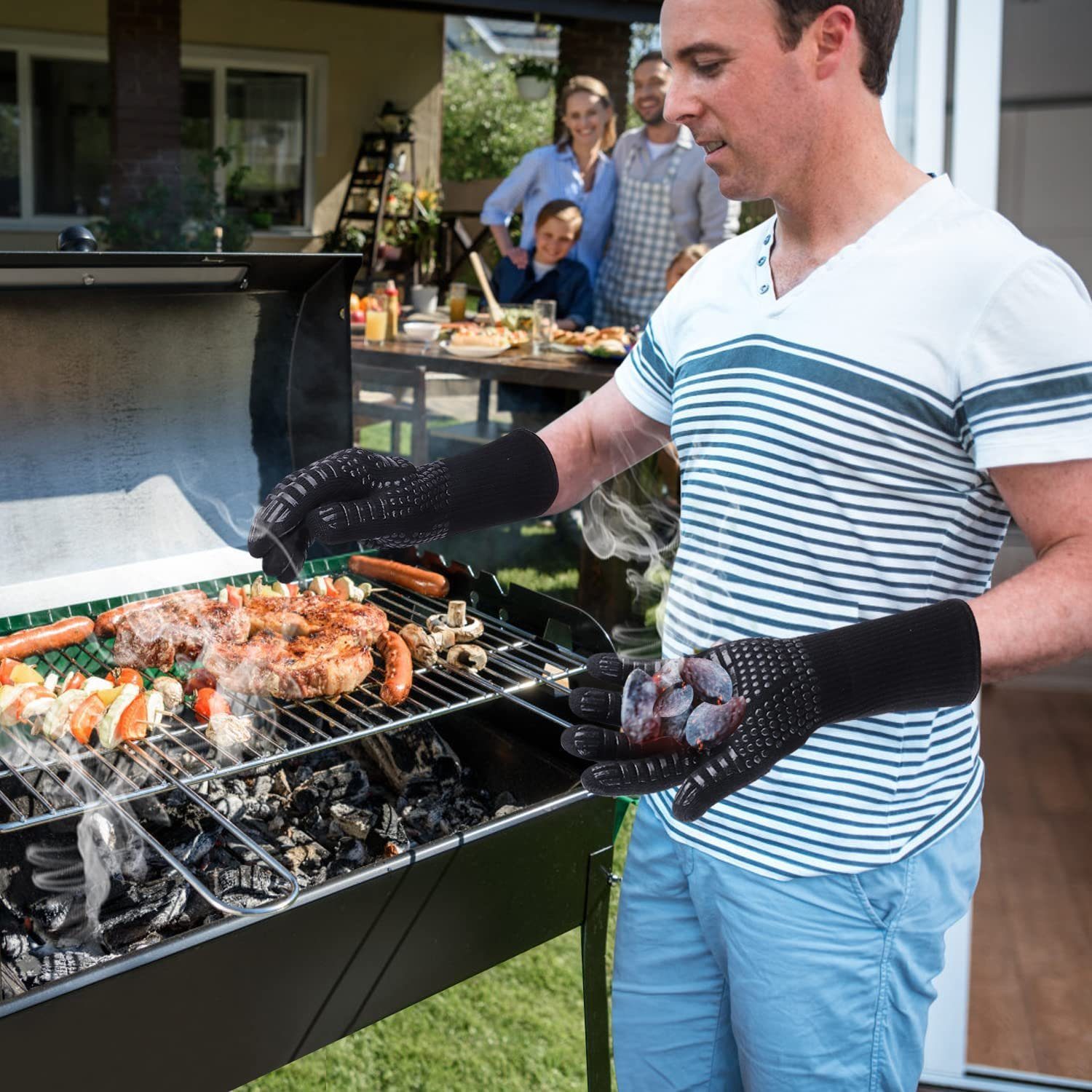 JATrade Grillhandschuhe hitzebeständig mit Grillthermometer & Marinierpinsel Grill Dutch Oven, (1 Paar Grillhandschuhe, 1 Grillthermometer, 1 Marinierpinsel), Ideal auch für Backofen, Kamin, Smoker und als Geschenk!