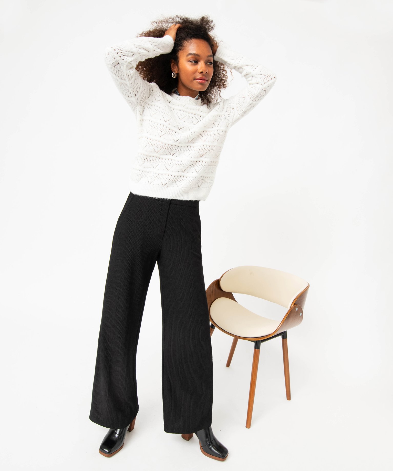 Pantalon large en maille texturée femme noir | GEMO