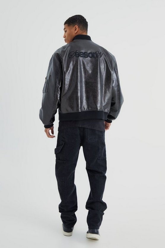 Hochglänzende PU-Bomberjacke mit Stickerei