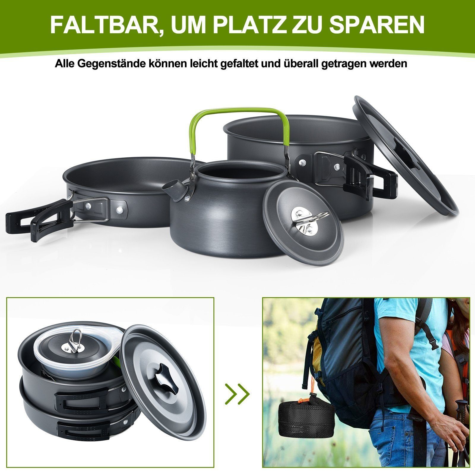 MDHAND Gaskocher Geschirr-Set Tragbar Kochgeschirr Topf Kocher Set,Aluminium, (15-St), mit Faltender Löffel Gabel Cutter Cup für 2 bis 3 Personen