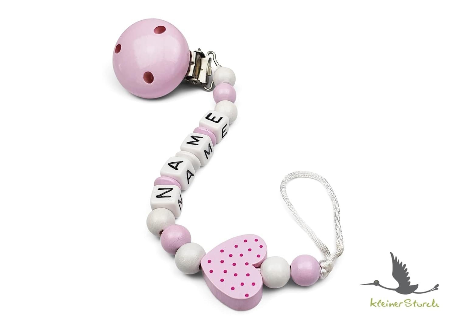 kleinerStorch Schnullerbefestigung Baby Schnullerkette personalisiert mit Namen, Mädchen Nuckelkette für Schnuller - Herz in rosa