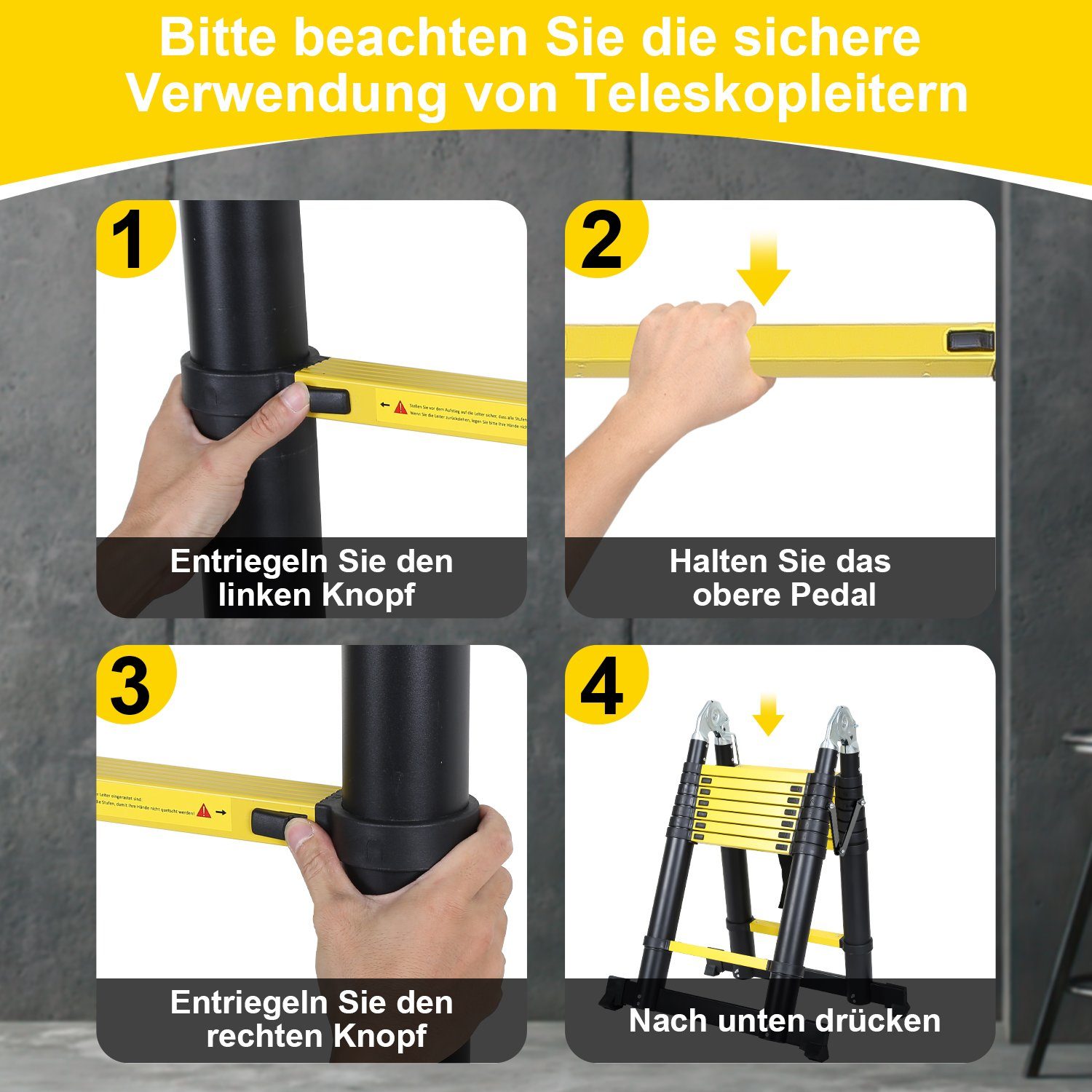 Gimisgu Teleskopleiter Teleskopleiter Alu 2.5+2.5m mit Stabilisator Rädern Anlegeleiter gelb