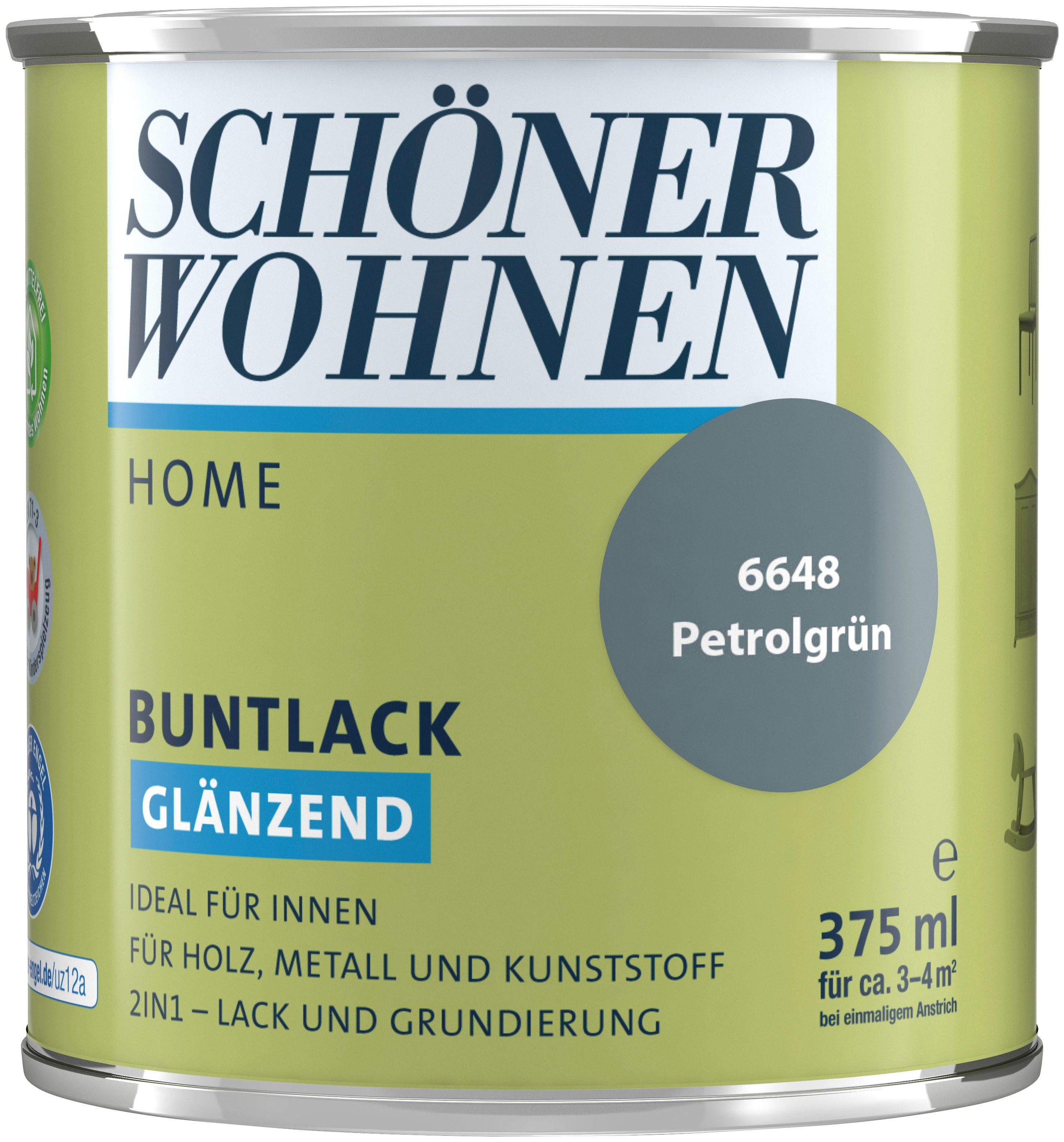SCHÖNER WOHNEN FARBE Lack Home, 375 ml, petrolgrün, glänzend, ideal für innen, 2in1-Lack