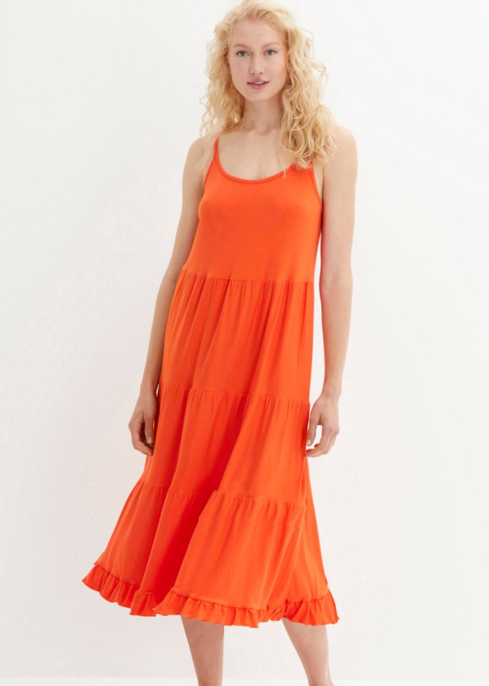 Shirtkleid mit Volants und verstellbaren Spaghetti-Trägern in Midi-Länge, A-Line