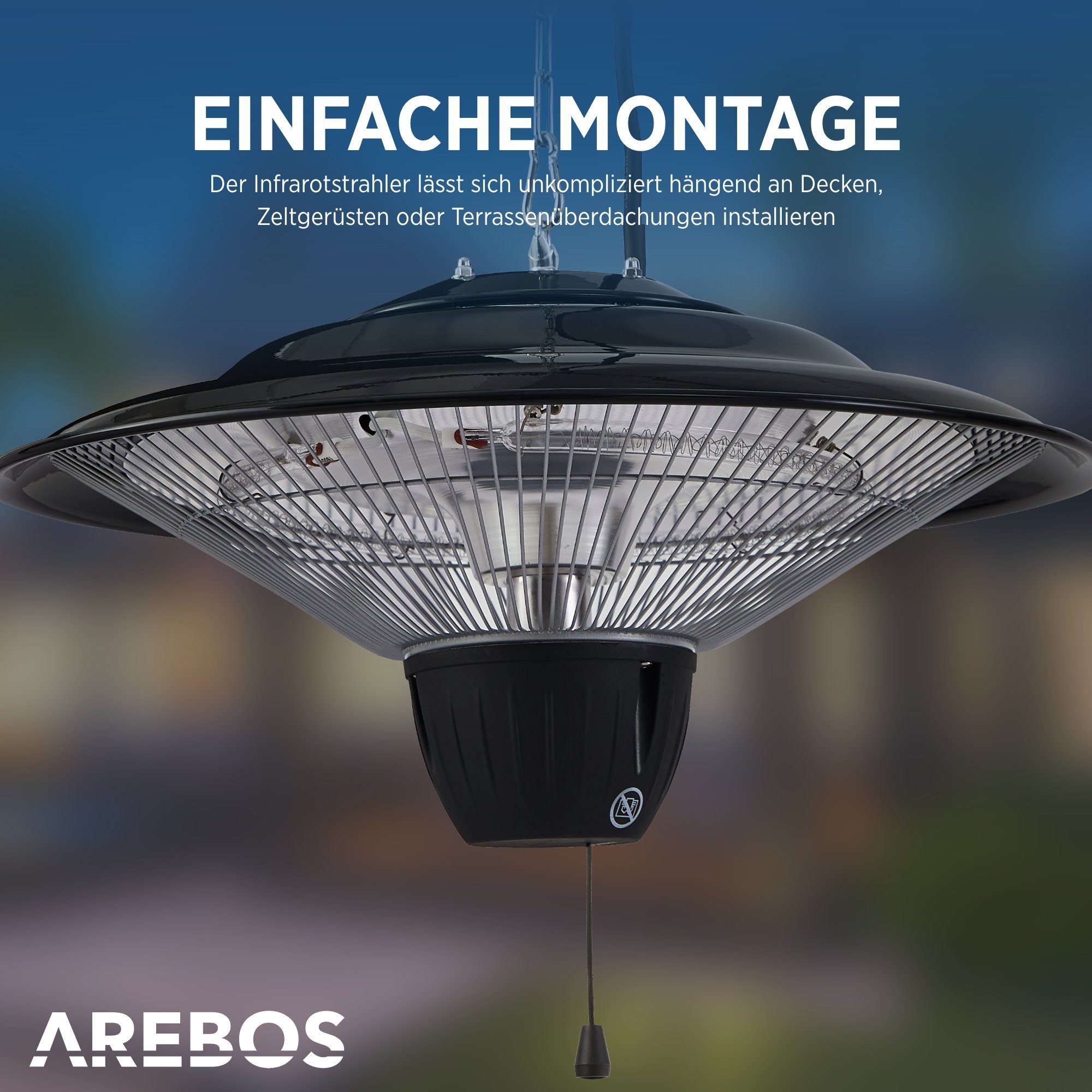 Arebos Heizstrahler 1500 W Deckenheizstrahler, Schwarz mit Zugschalter