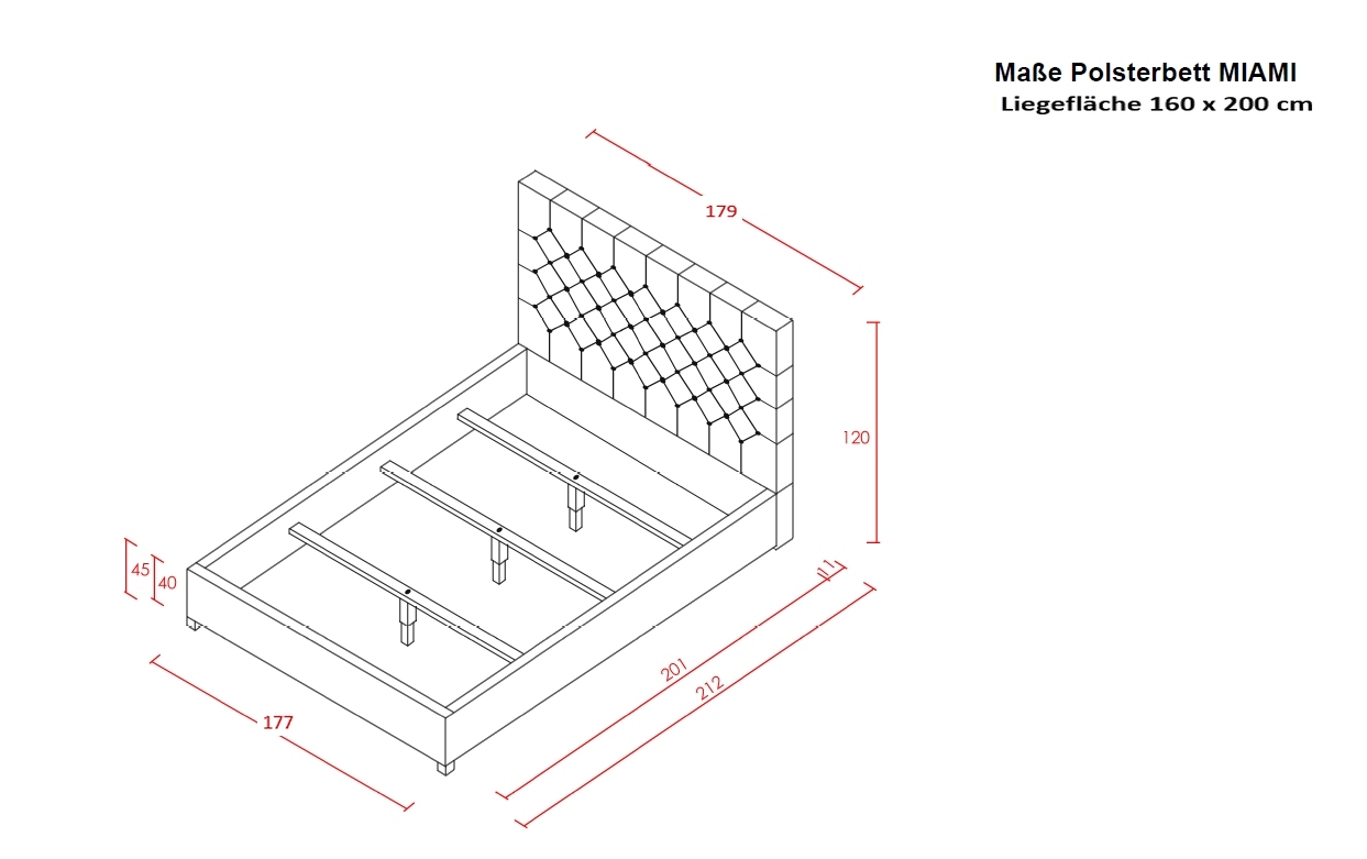 Relita Polsterbett Miami LF 160x200 cm, mit Höhenverstellung für Lattenrost, Ausf. Stoff grau