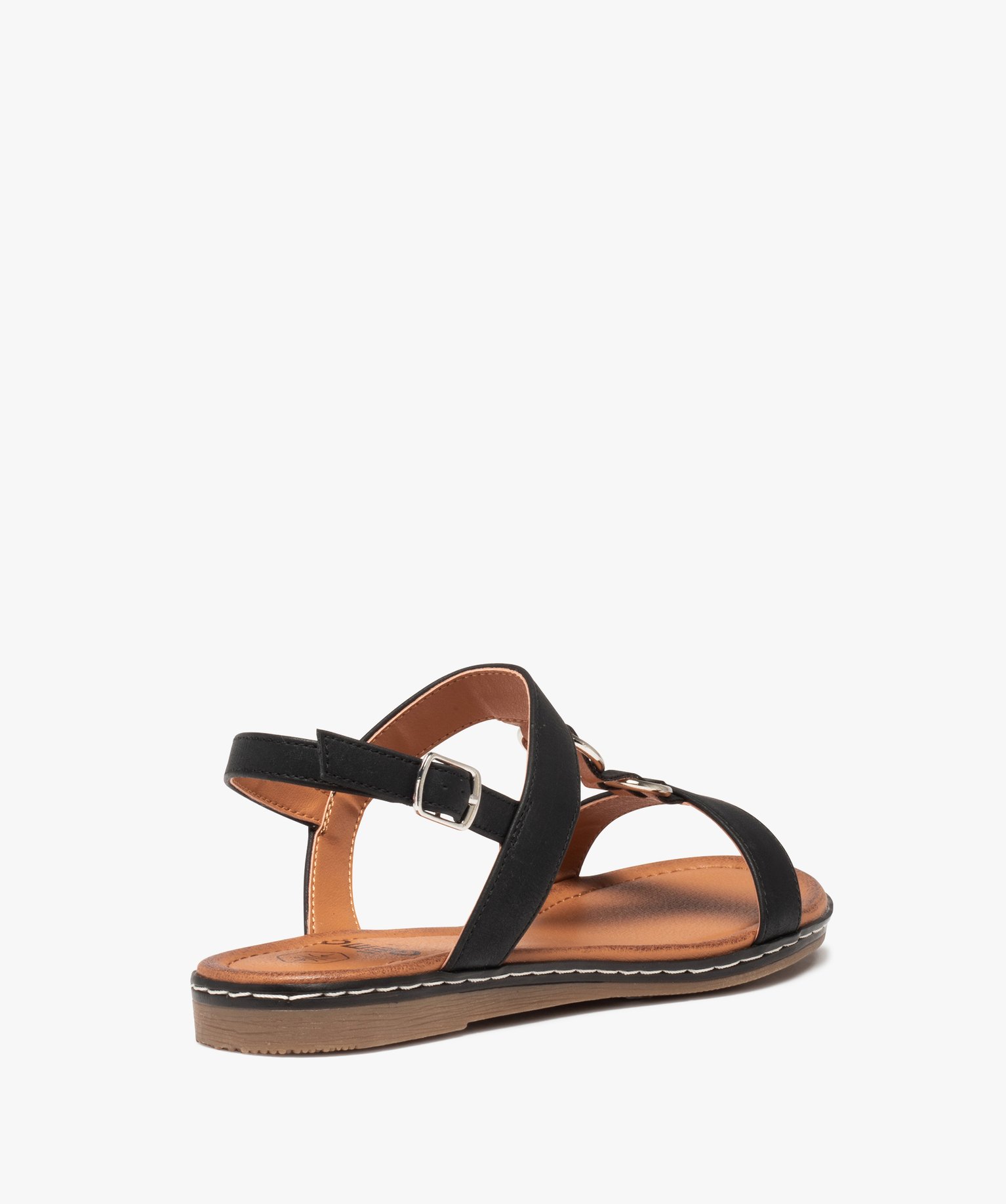 Sandales femme plates à brides unies et anneaux en métal noir | GEMO