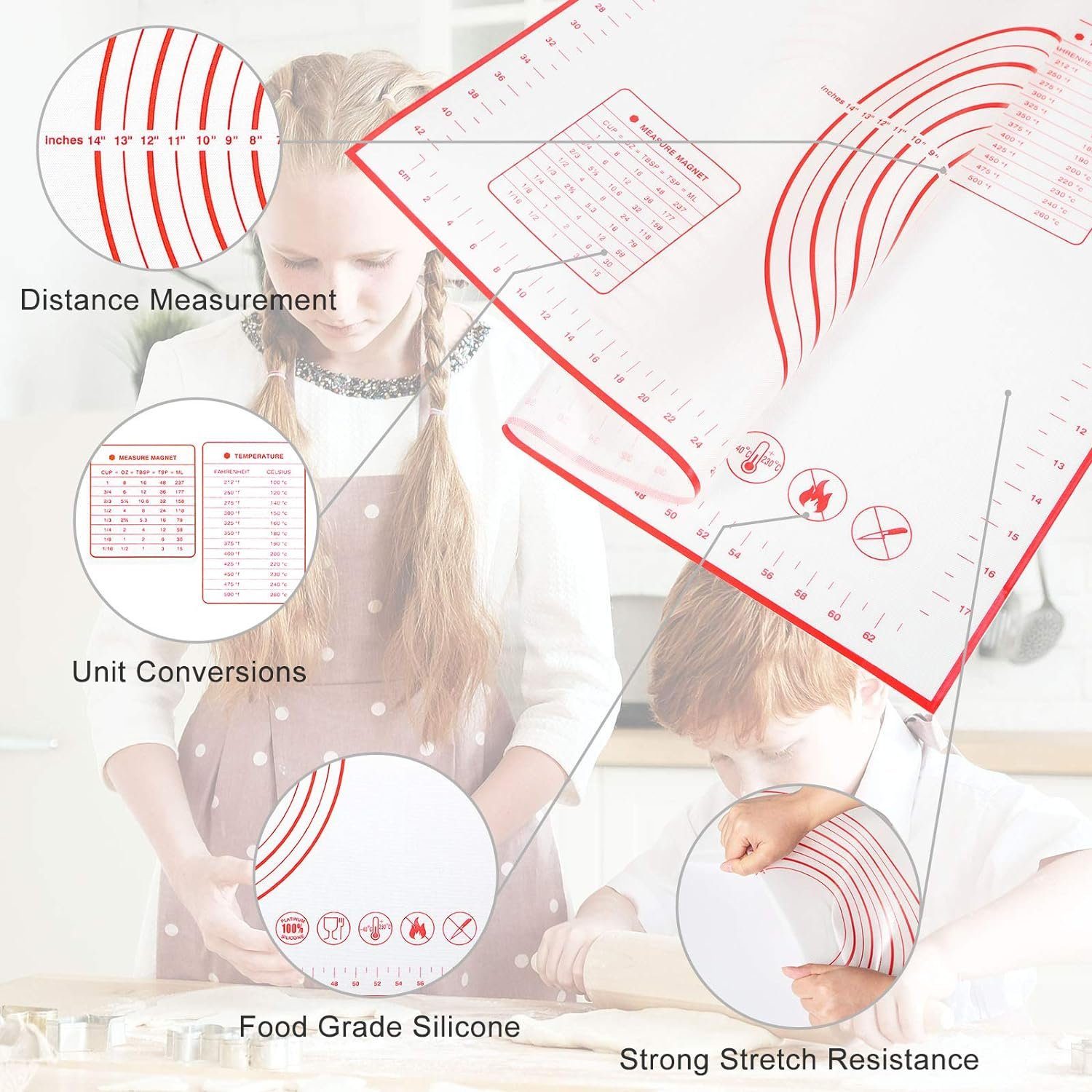 Blusmart Backmatte Silikon Backmatte mit Teigkarte, 40*30cm (Backunterlage, Teigmatte), Antihaft Backunterlage Silikon mit Messung