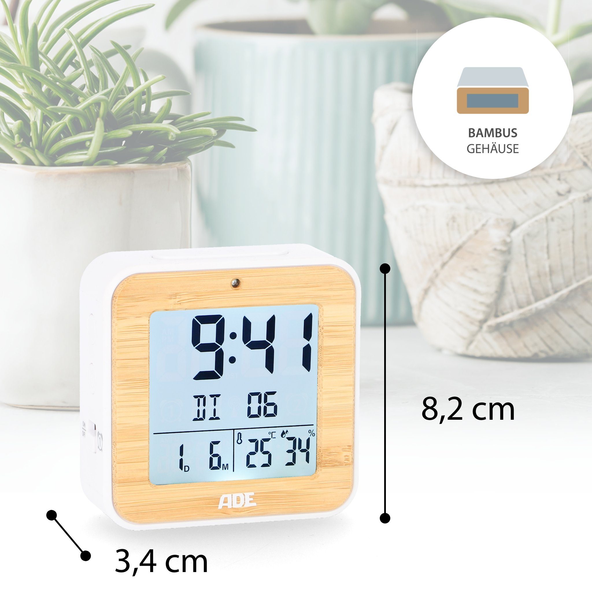 ADE Funkwecker Wecker digital funk mit Temperatur und Luftfeuchtigkeit automatischer Lichtsensor, 2 Weckzeiten, Schlummerfunktion
