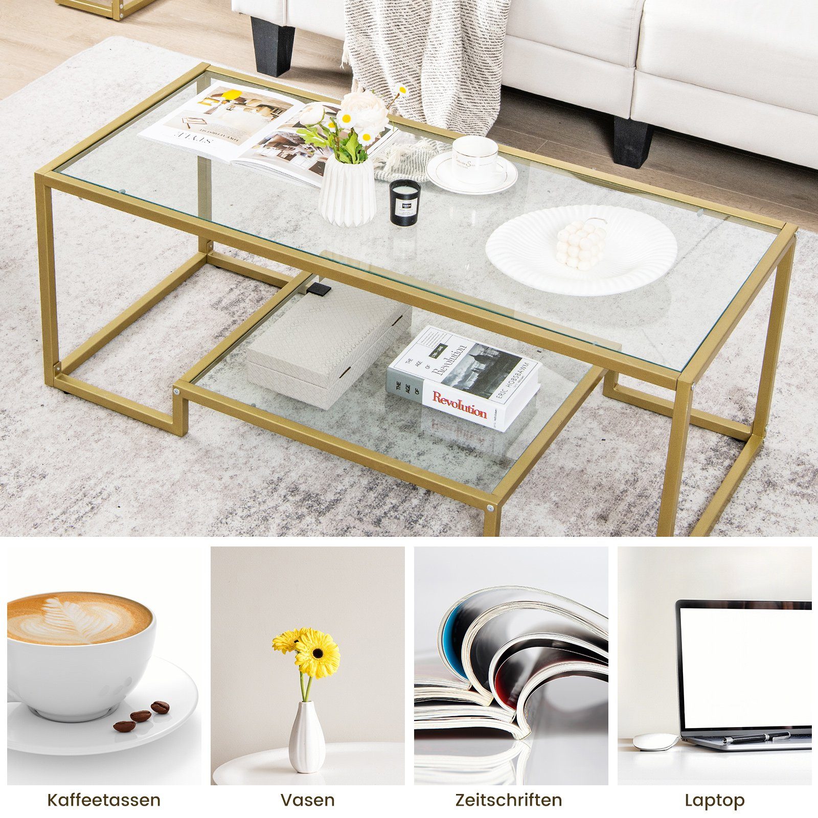 COSTWAY Couchtisch, Glas, Gold, mit Metallrahmen, 114 x 51 x 43,5 cm