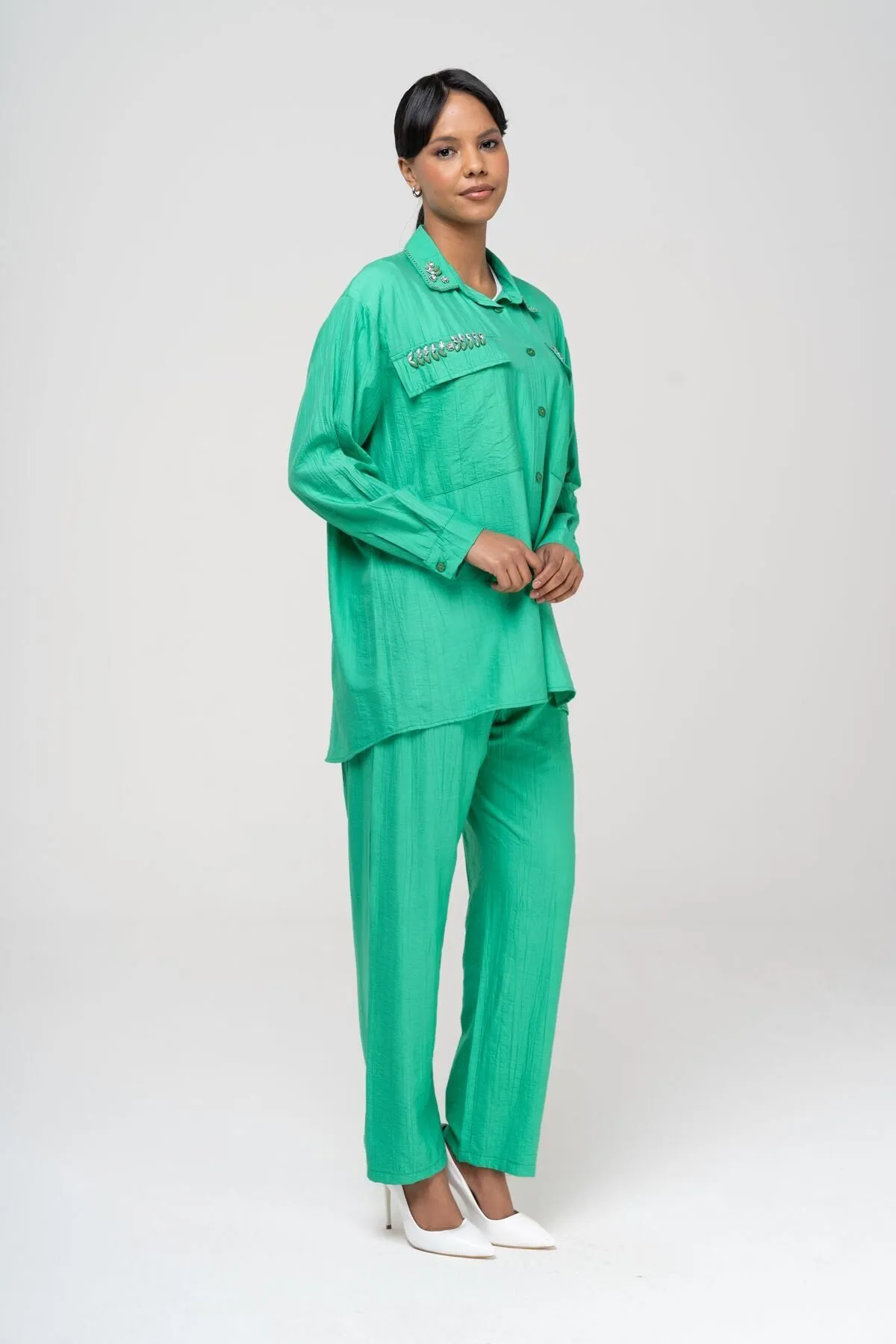 Olcay  Tuniği Hosenset mit elastischer Taille und Steindetail GRÜN 9222-TK