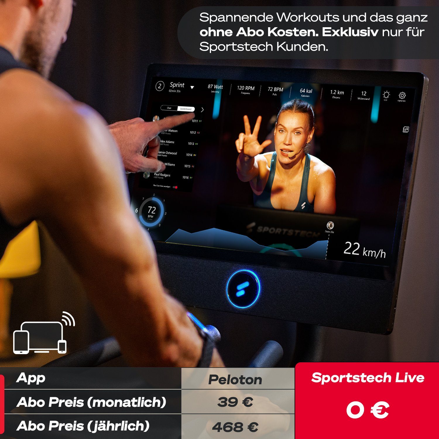 Sportstech Speedbike sBike (Speedbike Heimtrainer Sportstech Fitness Bike für Zuhause), Smart Indoor Cycling Bike, 21,5“ Touch Display Live & On Demand Kurse