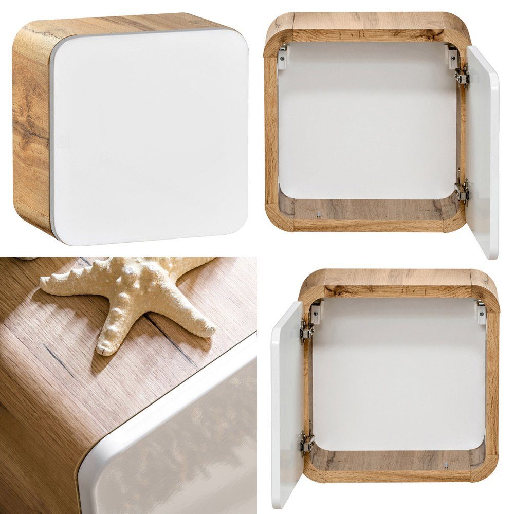 Lomadox Badmöbel-Set LUTON-56, (7-St), weiß mit Wotan Eiche Nb. mit LED-Spiegelschrank 130/200/46 cm
