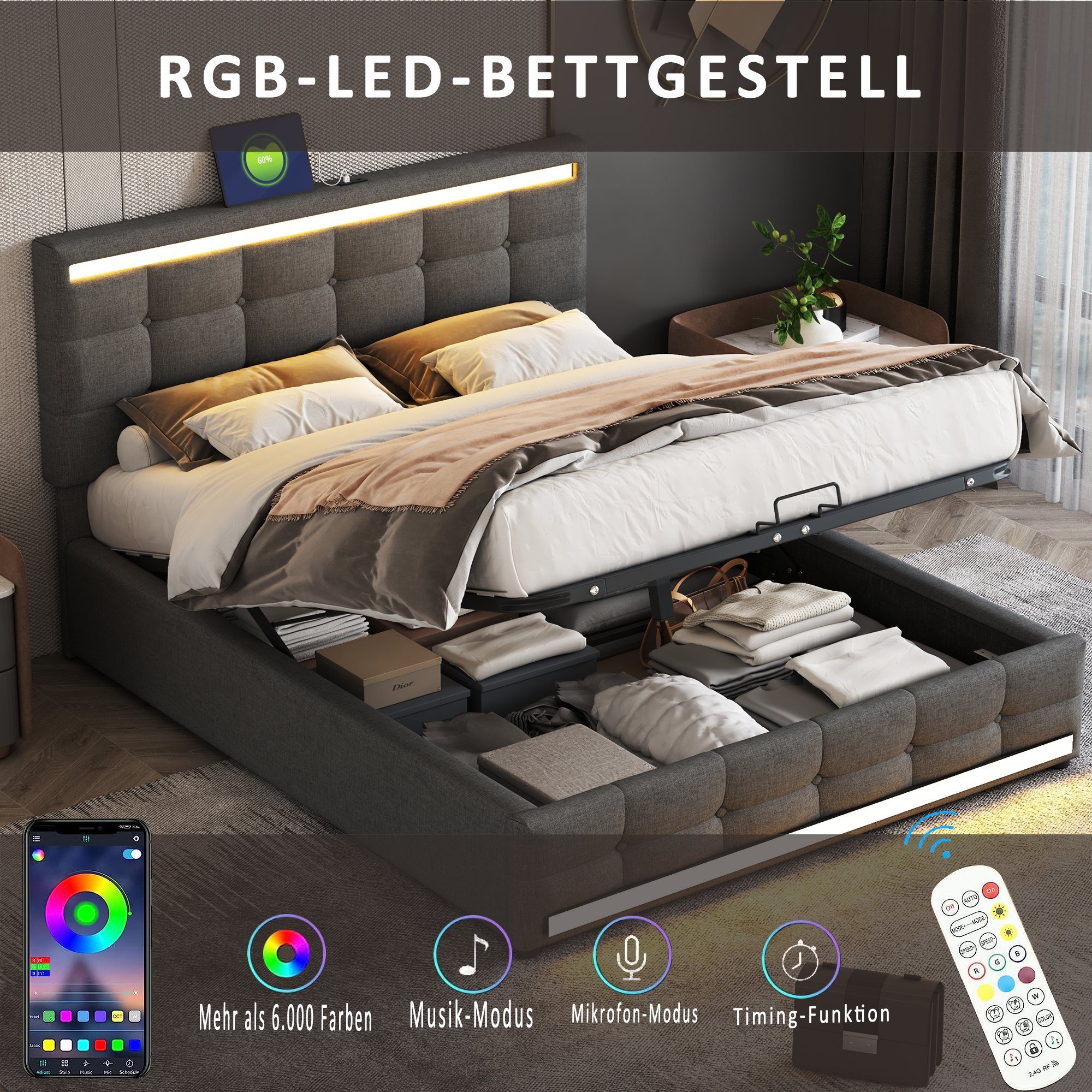 Flieks Polsterbett, LED Doppelbett Stauraumbett 2 USB-Anschluss 140x200cm Leinen