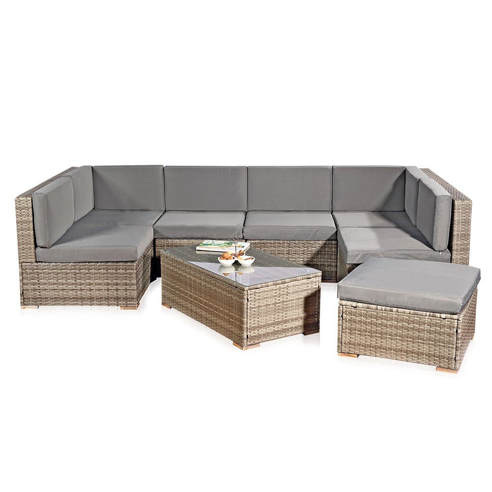 Mucola Gartenlounge-Set Lounge Gartenmöbel Set Sitzgruppe Polyrattan Gartenlounge Gartenmöbel, (Set, 8-tlg., 1x Mehrteiliger Sofa 1x Ottomane 1x Tisch), Kissen inkl. Reißverschluss, daher abnehm- und waschbar