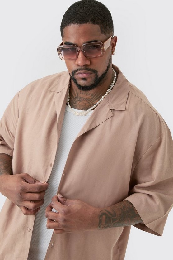Plus Oversize Leinen-Hemd in Taupe