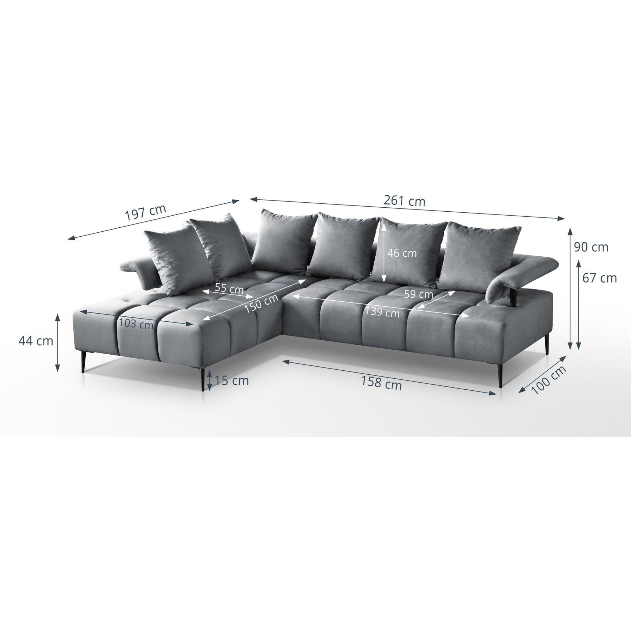 Beautysofa Ecksofa Vanessa, stilvoll Corner Sofa für Wohnzimmer, Wellenfedern, Metallbeine, 260 cm Polsterecke im modernes Design