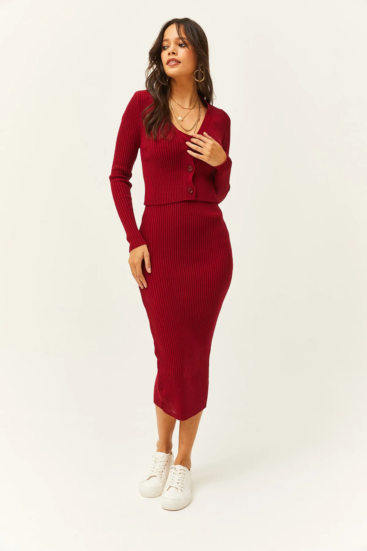 Olalook  Zweiteiliger Strickanzug für Damen in Burgunderrot, Strickjacke, TKM-19000223