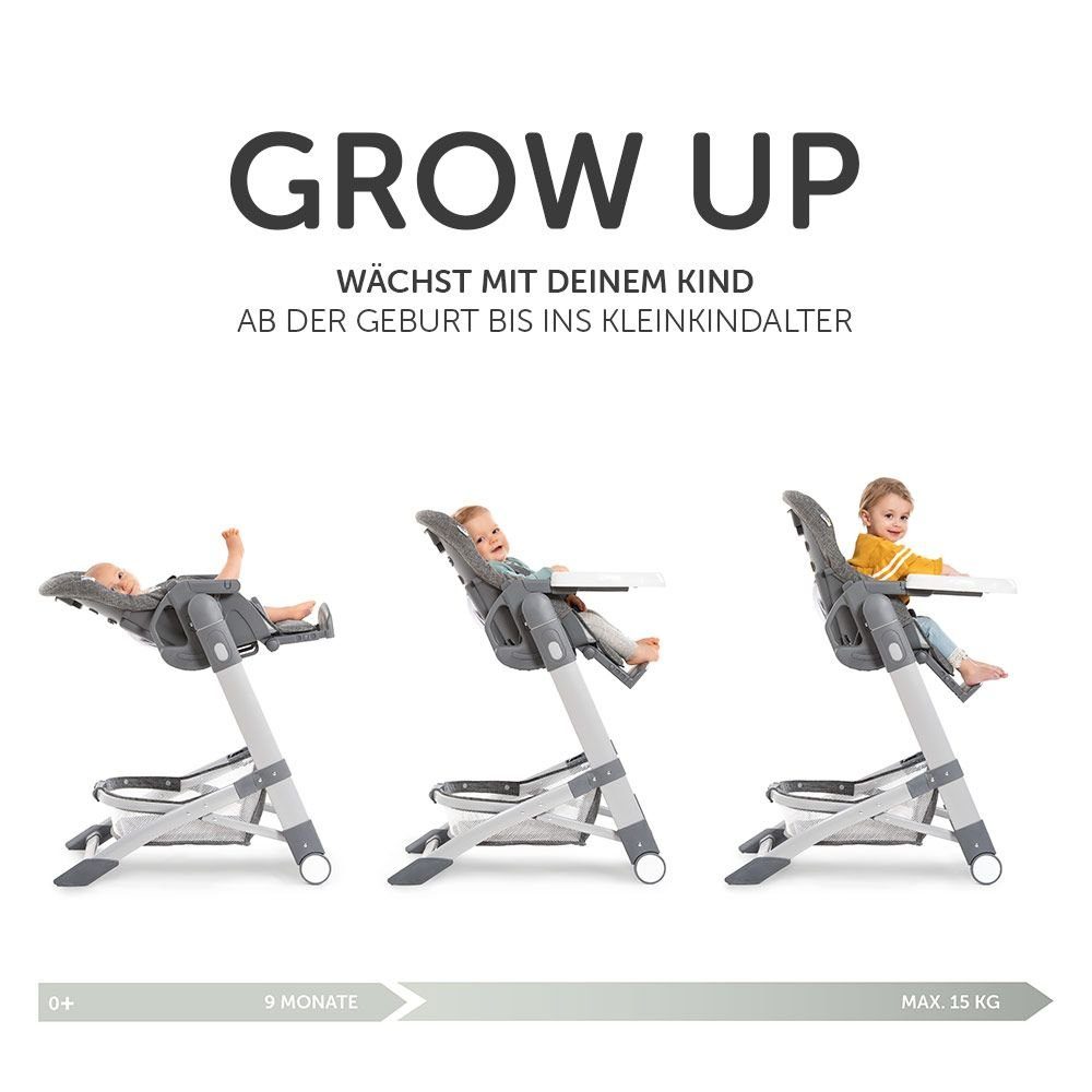 Hauck Hochstuhl Grow Up - Melange Grey, Newborn Babystuhl ab Geburt mit Liegefunktion, Rollen, klappbar