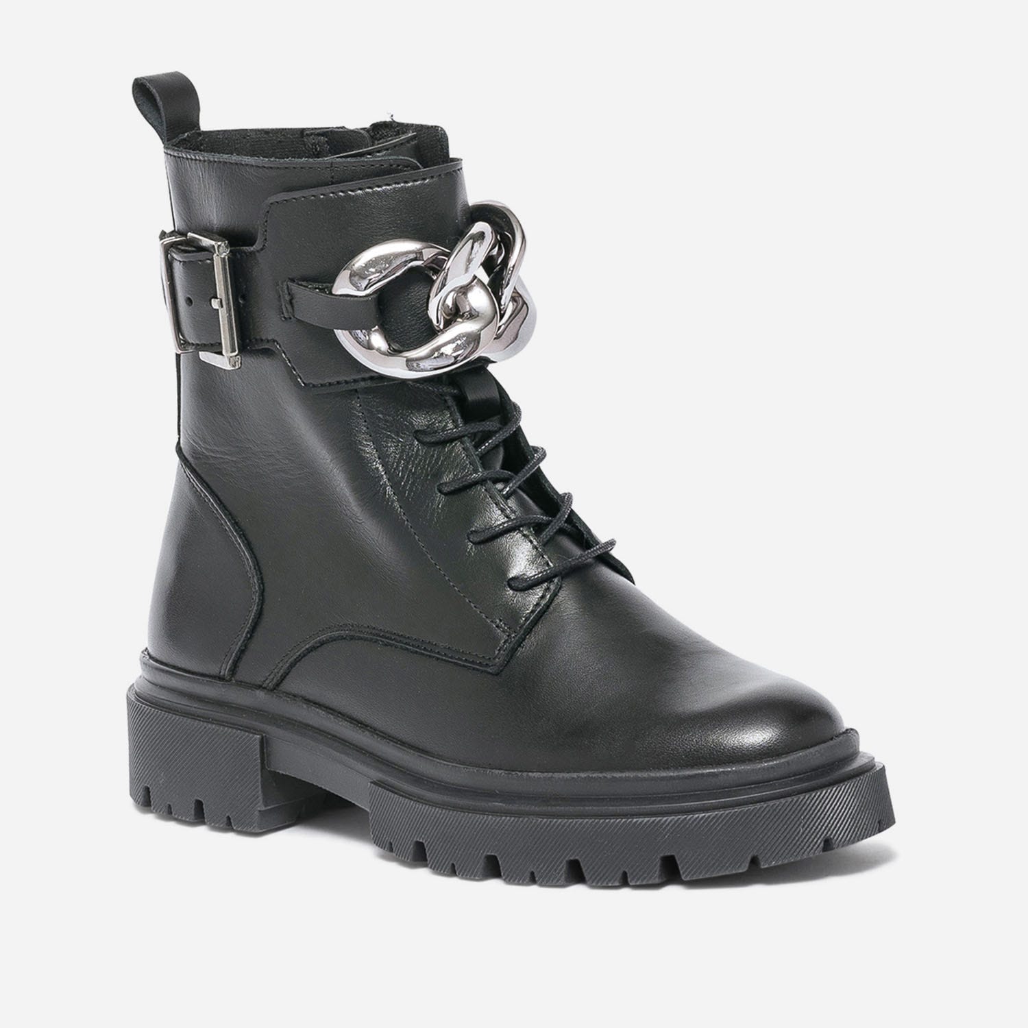 Bottine TEXTO noire en cuir avec maxi chaîne