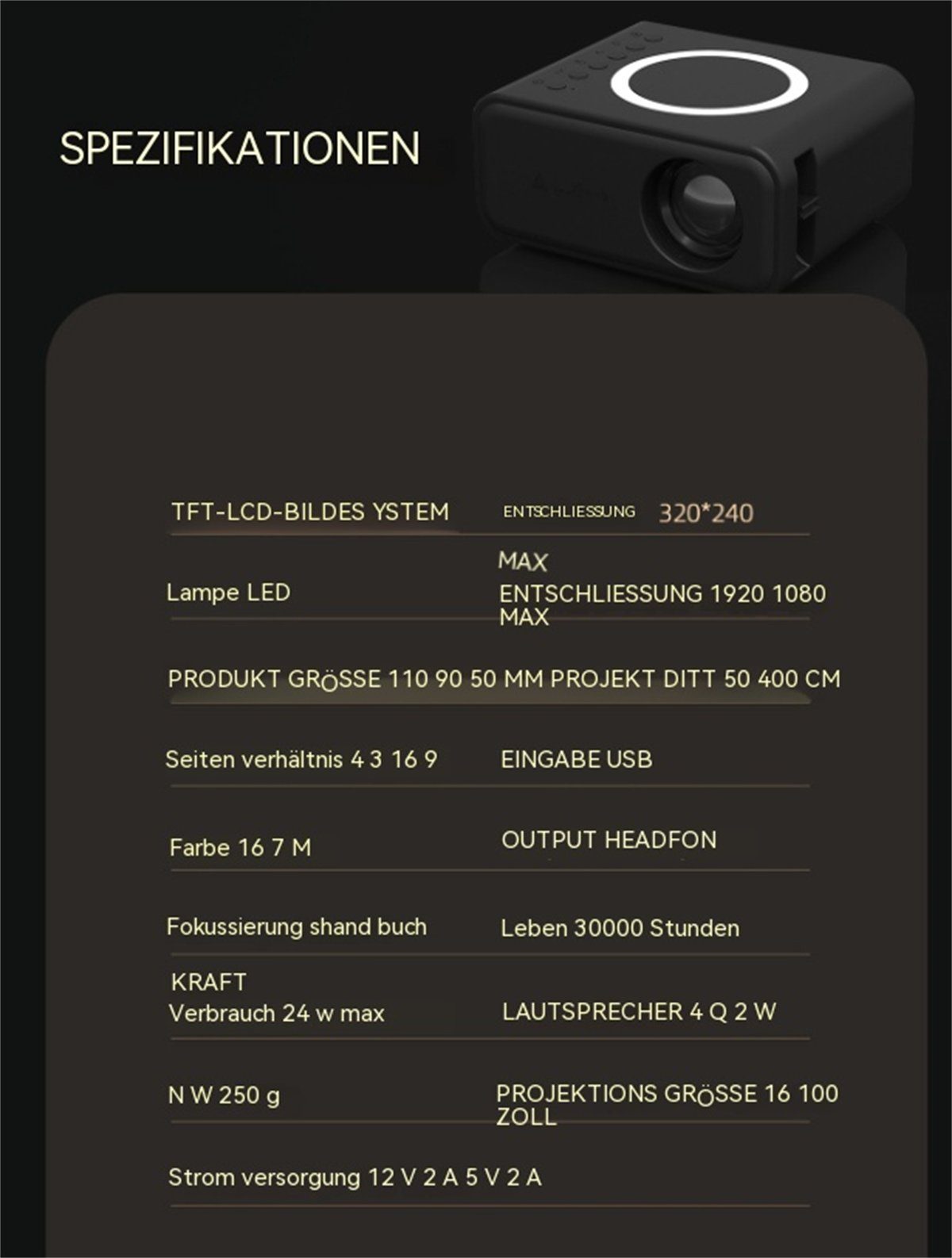 carefully selected Tragbarer kabelloser HD-Projektor (3000 Lumen, Auflösung: 1920 x 1080) LCD-Beamer