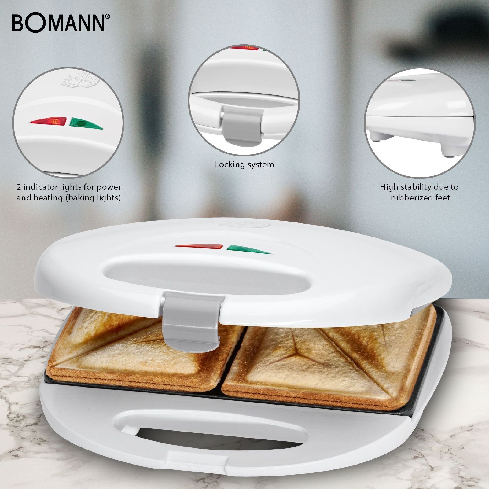 BOMANN Sandwichmaker BOMANN 2-Scheiben Sandwichtoaster 750 Watt Backampel ST 5016 weiß