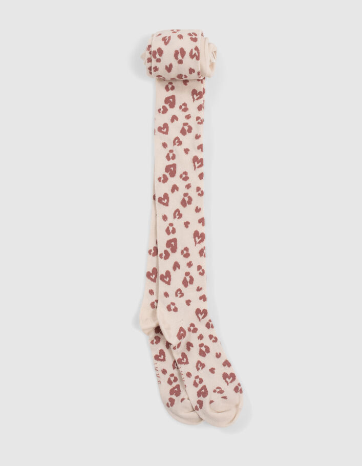 Collants écrus tricot motifs léopard-coeurs fille