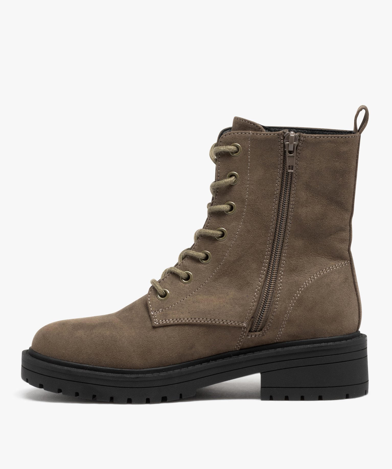 Boots femme dessus uni en suédine à zip et à lacets kaki | GEMO