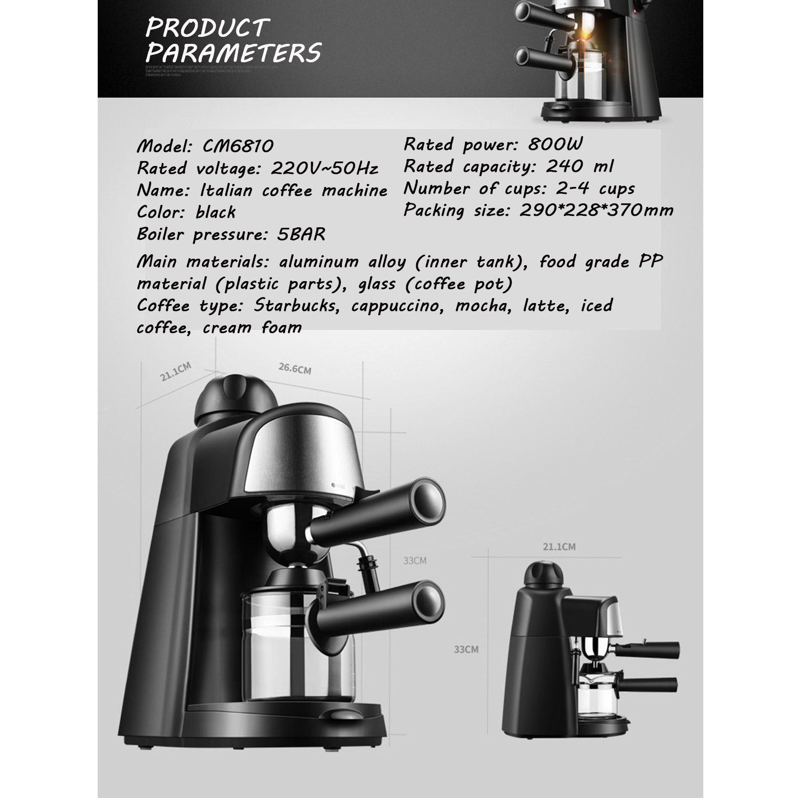 Mutoy Espressomaschine CM6810, kleine Kaffeemaschine mit Milchschäumer, für bis zu 4 Tassen Espresso, 800 W, 5 Bar
