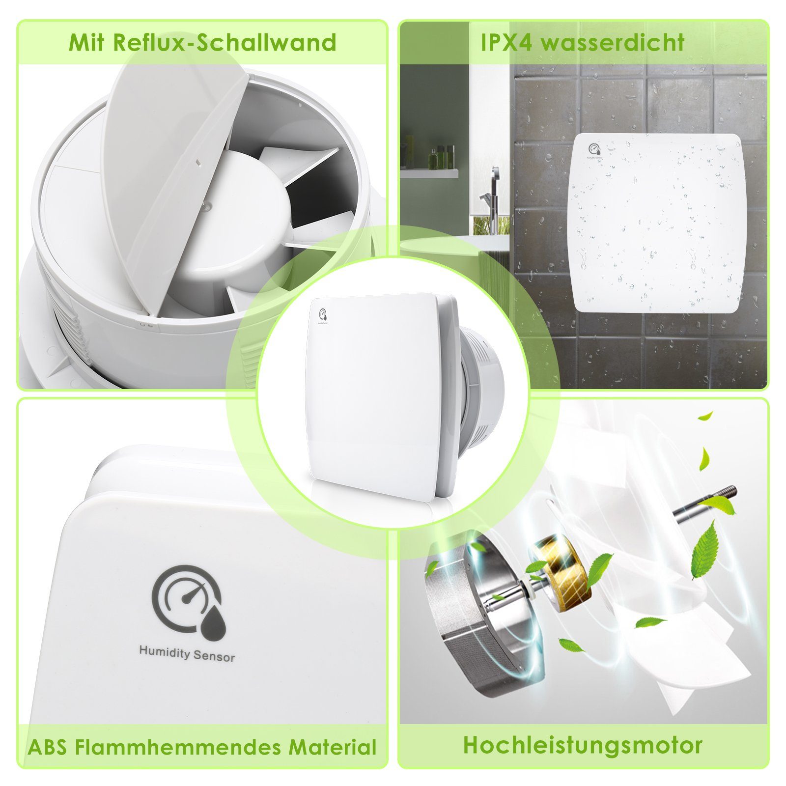 Clanmacy Wandventilator Badlüfter 10/15cm mit Feuchtsensor und Nachlauf und Timer