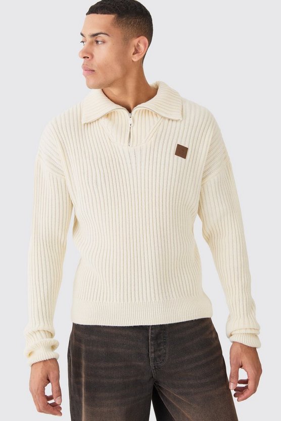 Gerippter Strick-Pullover mit 1/4 Reißverschluss und Trichterkragen